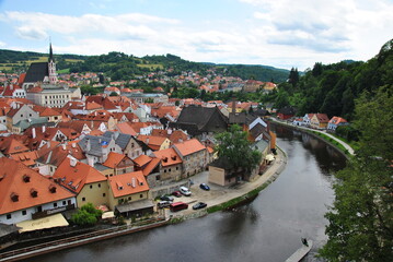 Fototapeta na wymiar Aerial panorama view of Český Krumlov old town with the Cesky Krumlov castle and tower and river flowing around, Czech Republic