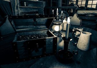 treasure chest close up on the pirate cabin