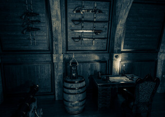 weapons rack in the pirate cabin - obrazy, fototapety, plakaty