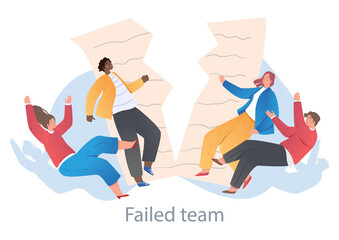 Fototapeta na wymiar Concept of fail. Team collapsed with the termination of the contract. No unity in office, conflict between colleagues, tense atmosphere. Cartoon flat vector illustration isolated on white background