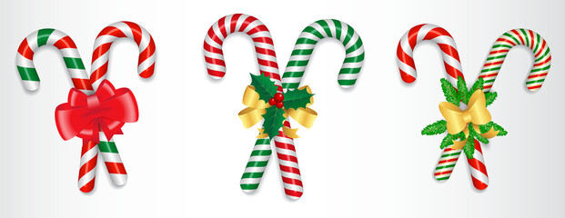 set of realistic candy cane christmas isolated or crossed sweet candy tied with a bow or sweet traditional gift christmas holiday. eps vector

