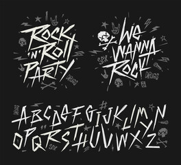 Fototapeta Rock n roll vintage sign and grunge style font alphabet vector template. Set of Rock'n'roll doodle  collection for print stump tee and poster design. Punk Rock music type font obraz