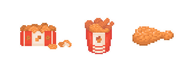 Pixel art fried chicken set illustrations. 8 bit style retro icons of chicken nuggets, bucket of spicy chicken legs and deep-fried leg. Vector fast food chicken for game, decoration, sticker or web. 
 - obrazy, fototapety, plakaty