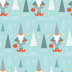 Winter forest and gnome seamless pattern in scandinavian style. Festive New Year and Christmas design of cards, packaging, textiles. Vector stock illustration. 