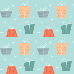 Gift box seamless pattern in scandinavian style. Festive New Year and Christmas design of cards, packaging, textiles. Vector stock illustration. 