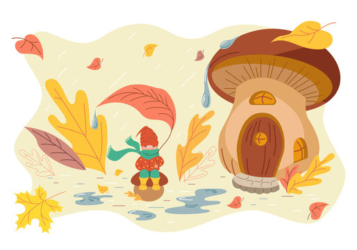 Little gnome and a mushroom house, autumn, rainy weather and yellow leaves are falling. Vector stock illustration. 