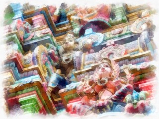 ancient hindu temple watercolor style illustration impressionist painting.