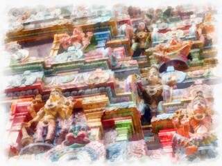 ancient hindu temple watercolor style illustration impressionist painting.