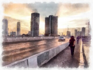Fototapeta na wymiar city and river landscape at sunset watercolor style illustration impressionist painting.