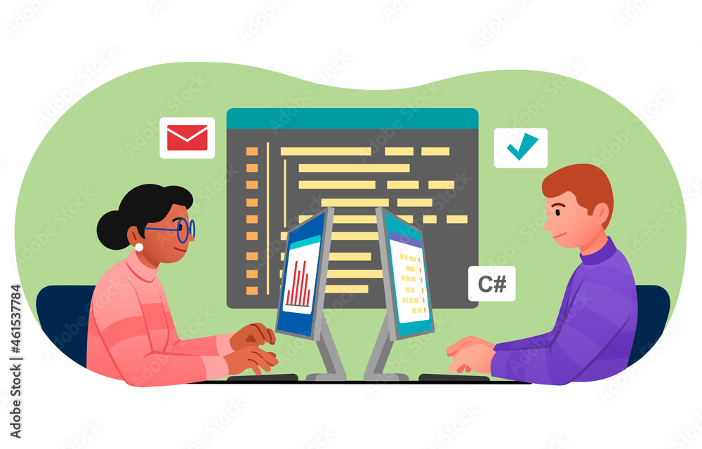 Poster programmers working in office. man and woman write code, application development. technical support,