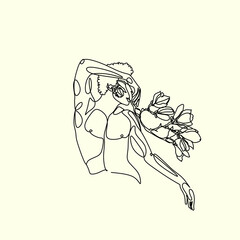 Minimal illustration of male dancer. Surreal line art modern man with magnolia frower growing from him. Contemporary art. Young flexible athletic men with flowers. Dancer school logo