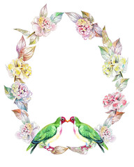Watercolor colorful frame with wild birds and flowers. White background.