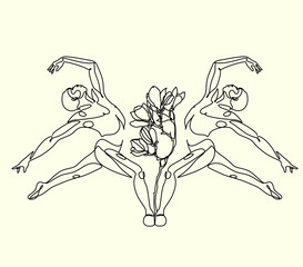 Minimal illustration of male dancer. Surreal line art modern man with magnolia frower growing from him. Contemporary art. Young flexible athletic men with flowers. Dancer school logo