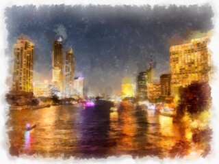 city and river landscape at night watercolor style illustration impressionist painting.