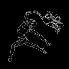 Modern ballet style male dancer performs on high lighted stage line drawing in black and white. Line art dancing vector illustration