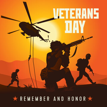 Military vector illustration, Army background, soldiers silhouettes, Happy veterans day.