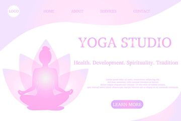 Web page template of Yoga Studio. Woman meditates, practices yoga in lotus position. Modern flat design concept of web page design for website and mobile website. Vector illustration	