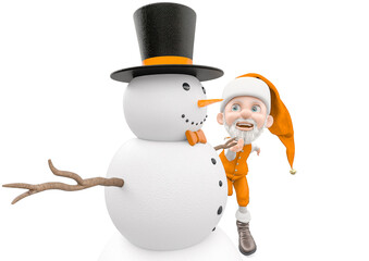 santa cartoon is playing with snow man with copy space