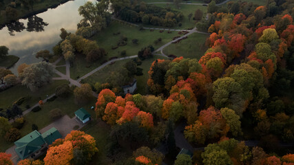Flight over the autumn park. Trees with yellow autumn leaves are visible. The park pond is visible. Aerial photography.