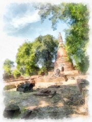 Ancient ruins in Ayutthaya Thailand watercolor style illustration impressionist painting.