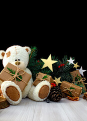 Christmas toys and decorations on a black background