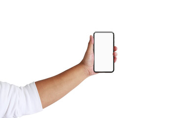 Hand holding the black smartphone with blank screen and modern frameless design diferent angled atisolated on white background.