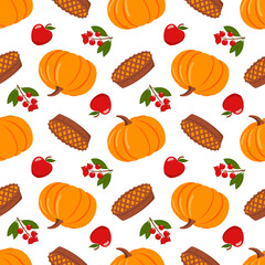 Seamless pattern with pumpkins, pie and apples
