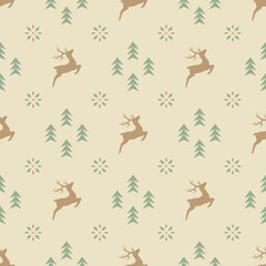Vector christmas seamless pattern with cute stylized reindeers, snowflakes and spruces. Light kids geometric background in scandinavian style for fabric, wrapping paper, packaging and wallpaper