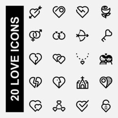 Set of love icons with outline style