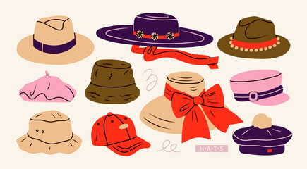 Set of various Hats for different seasons. Different colors and styles. Elegant broad brimmed hat, fedora, panama, gaucho, cap, beret. Fashion headwear concept. Hand drawn trendy Vector illustration - obrazy, fototapety, plakaty