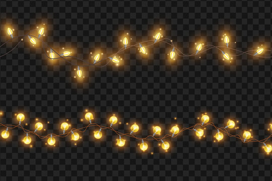 Bright light string garland, vector Christmas holiday illumination illustration, x-mas decoration element. Party celebration golden bulb on transparent background, carnival lamp. Light garland clipart