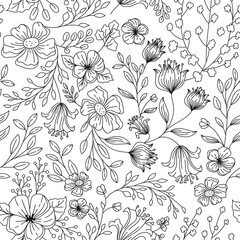 Doodle outline flowers repeat print, black over white seamless pattern cartoon design for textiles and backgrounds.