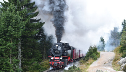 Harzer Schmalspurbahn fährt auf den Brocken im Harz 