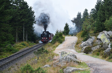 Harzer Schmalspurbahn fährt auf den Brocken im Harz 