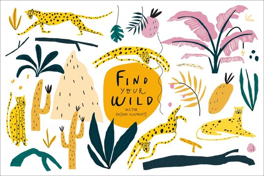 Vector doodle style illustrations objects set. Cartoon character leopard, exotic plant, jungle leaf, fruit handwritten quote find your wild