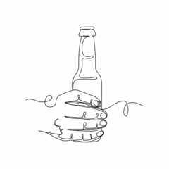 Continuous one line drawing of man holding a beer in silhouette on a white background. Linear stylized.