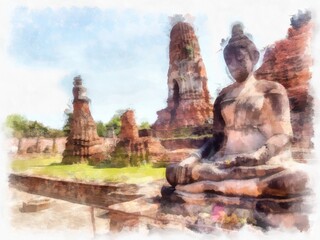 Fototapeta na wymiar Ancient ruins in Ayutthaya Thailand watercolor style illustration impressionist painting.