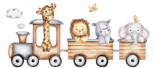 Cartoon train with giraffe, elephant, lion and hippopotamus  watercolor hand drawn illustration  with white isolated background