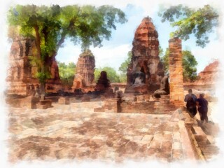 Ancient ruins in Ayutthaya Thailand watercolor style illustration impressionist painting.