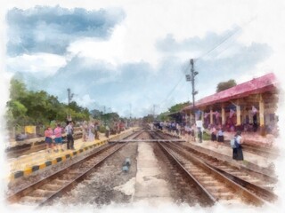 Thai train station market watercolor style illustration impressionist painting.