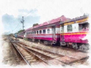 Fototapeta na wymiar Thai train at the train station market watercolor style illustration impressionist painting.