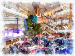 shopping mall watercolor style illustration impressionist painting.