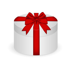 Round gift box with red bow isolated on white background. Vector illustration.