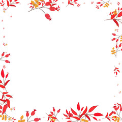 Burgundy Herb Background White Vector. Leaf Autumn Template. Yellow Berries Nature. Border Set. Leaves Simple.
