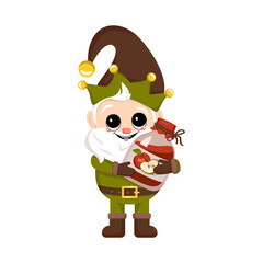 Little gnome with long white beard, cheerful face with jar of apple jam. Character for harvest autumn festival, Thanksgiving Day, decorate house and garden