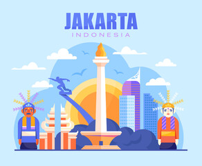 Vibrant city of Jakarta. Indians, culture, abstract images. Old cultures, ancient countries and cities. Unusual traditions, big houses. Cartoon flat vector illustration isolated on blue background