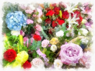 bouquet of flowers watercolor style illustration impressionist painting.