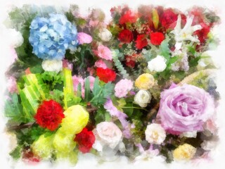 bouquet of flowers watercolor style illustration impressionist painting.