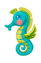 Sea horse colored isolated on white background. Seahorse animal, marine and underwater exotic mascot, undersea creature vector illustration