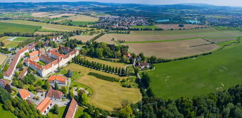 Aerial of the city and monastery salem in Germany beside Bodensee on a sunny day in summer.